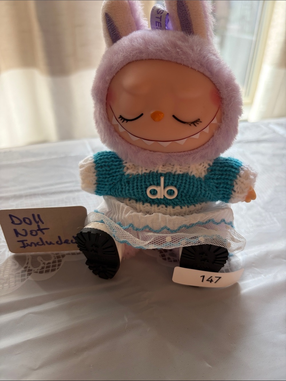 147,ALO Logo 3 Piece Outfit Teal Knit Pullover Sweater for Labubu Dolls(No Doll